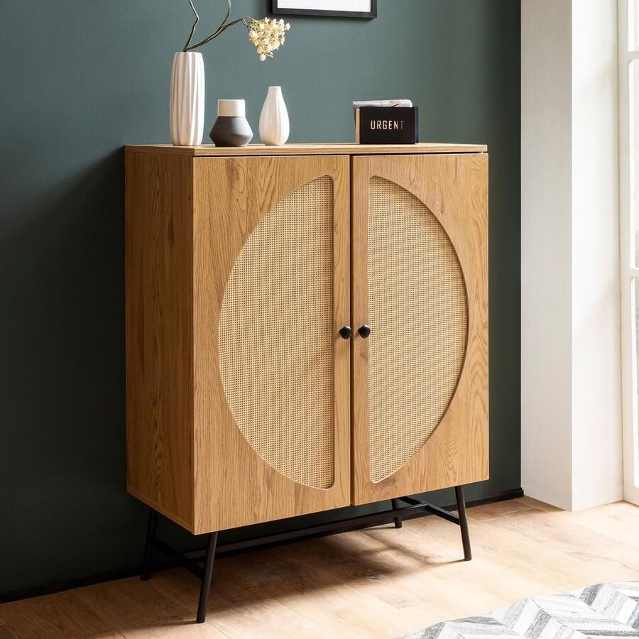 Ervesto Dressoir 80x103x39 cm Hoge kast eiken decor met rotanweefsel Moderne hoge ladekast staande kast met 2 deuren ladekast Dressoir woonkamer
