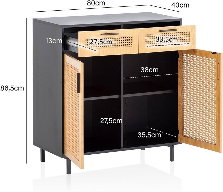 Ervesto dressoir 80x86 5x40 cm ladekast zwart met Weens vlechtwerk hoge ladekast tijdloos staande kast woonkamer met 2 deuren en lades dressoir rotan