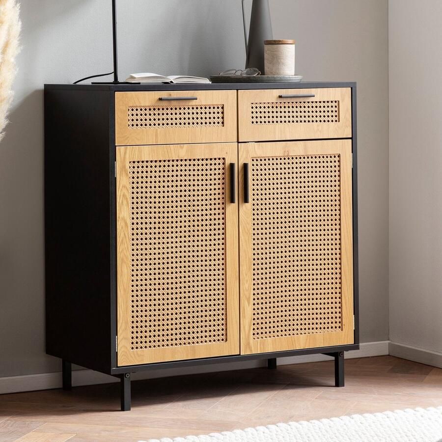 Ervesto dressoir 80x86 5x40 cm ladekast zwart met Weens vlechtwerk hoge ladekast tijdloos staande kast woonkamer met 2 deuren en lades dressoir rotan