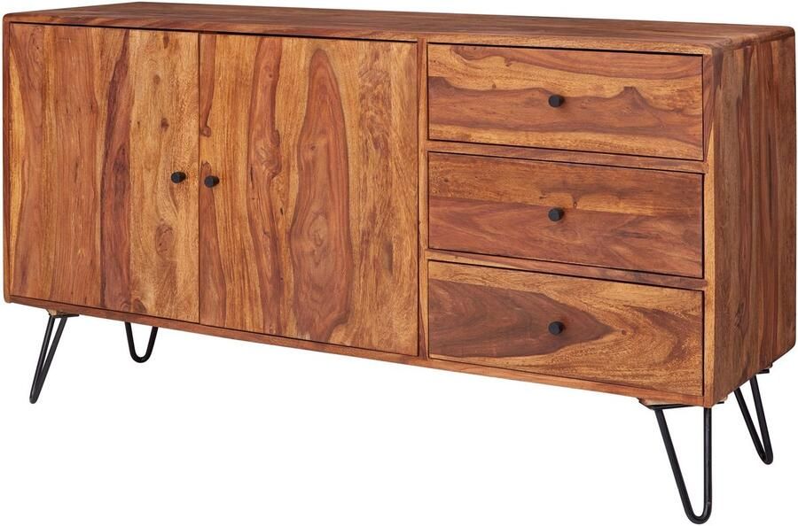 Ervesto dressoir WL5.629 sheesham massief hout 145x75x40 cm landelijke ladekast Design dressoir met 3 lades & 2 deuren Hoge ladekast hout Stevige woonkamer ladekast