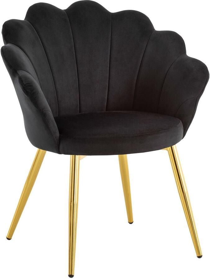 Ervesto Eetkamerstoel Tulp Fluweel Zwart Gestoffeerd Keukenstoel met Goudkleurige Poten Schelpstoel Scandinavisch Design Gestoffeerde Stoel met Stoffen Bekleding