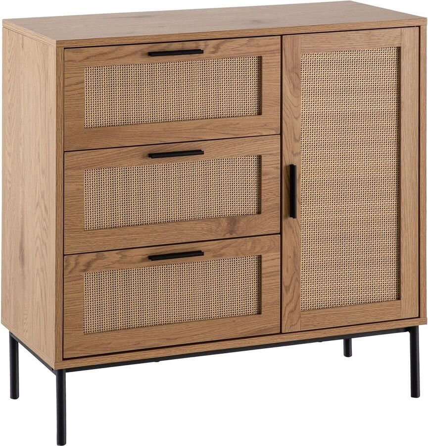 Ervesto ladekast 80x82x36 cm hal ladekast eiken decor & rotan dressoir met drie laden en deur ladekast modern staande kast dressoir ladekast