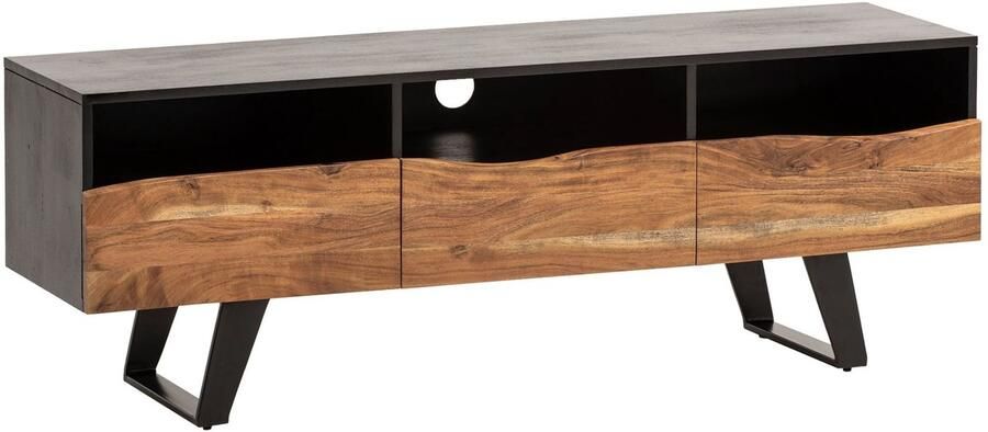 Wohnling Lowboard acacia massief hout 140x50x40 cm boomrand tv-kast zwart design tv-kast hoog met lade tv-tafel tv-kast modern met deuren tv-kast woonkamer WL7.056