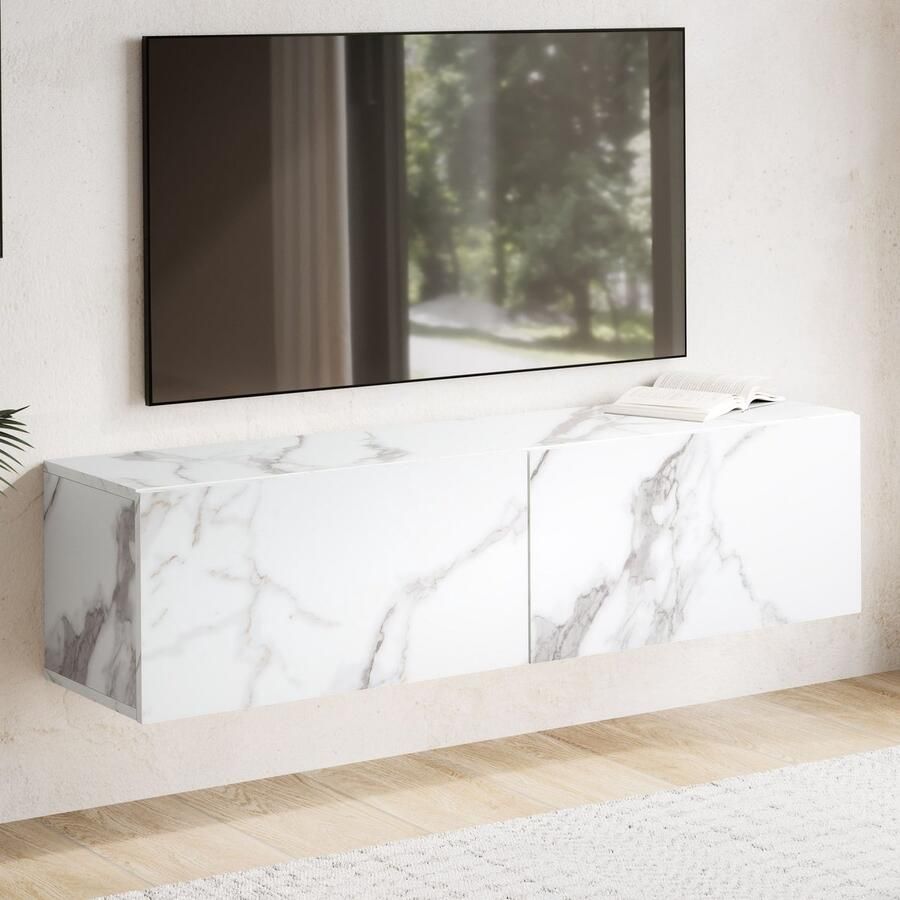 Ervesto Lowboard Tv-meubel Hangend Tv-meubel Marmerlook Wit 120x30x30 Cm Tv-meubel Met Vouwdeuren Zwevend Tv-dressoir Krasbestendig En Waterafstotend