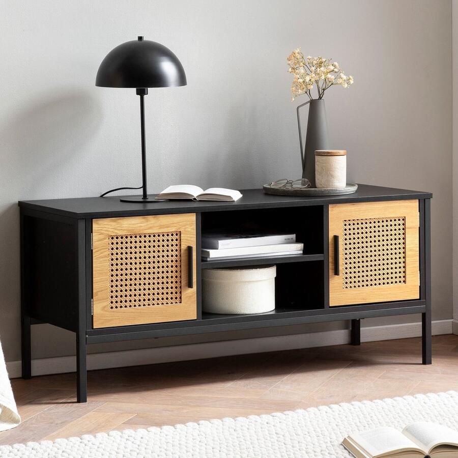 Ervesto Lowboard Tv-meubel Weens Vlechtwerk Zwart Eiken 110x48x40 Cm Tv-kast Dressoir - Foto 2