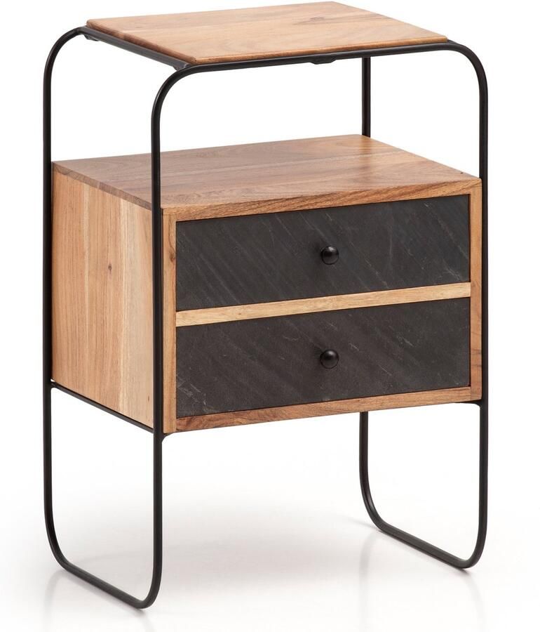 Wohnling nachtkastje massief acaciahout steenlook 40x60x30 cm nachtkastje boxspringbed | Industriële nachtconsole bruin met 2 lades & opbergruimte | Opbergruimte voor nachtkastje en metalen frame WL6.779