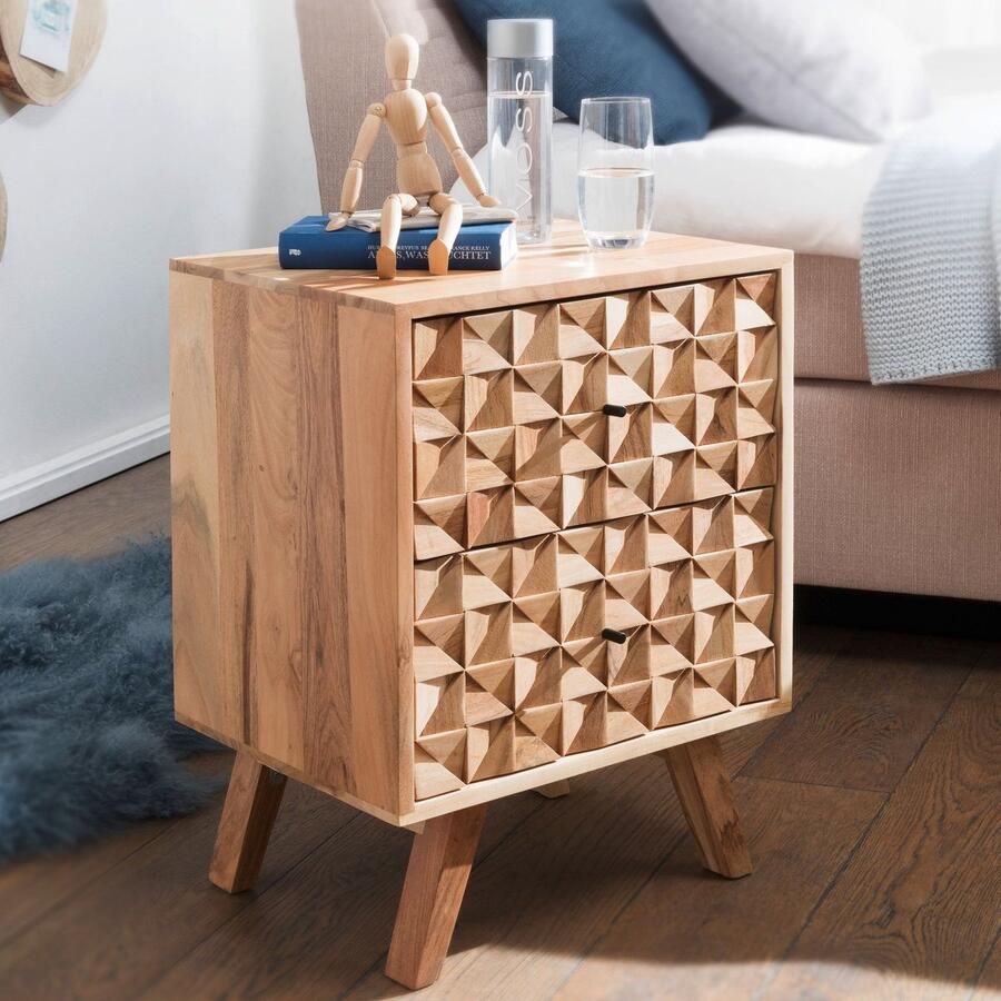 Wohnling Nachtkastje REWA 44x61x35cm Acacia Massief Hout Nachtkast Hoog Landelijke Nachtkast Boxspringbed Nachttafel Lades Nachtkastje Houten Nachtkast Bijzettafel Massief WL5.601 - Foto 2