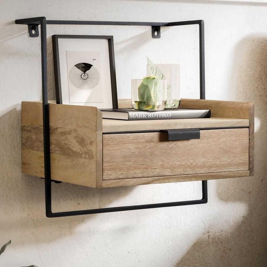 Wohnling nachtconsole voor wandmontage 44x45x35 cm mango massief hout lichtbruin nachtkastje met lade zwevende wandplank voor boxspringbed nachtkastje hangend