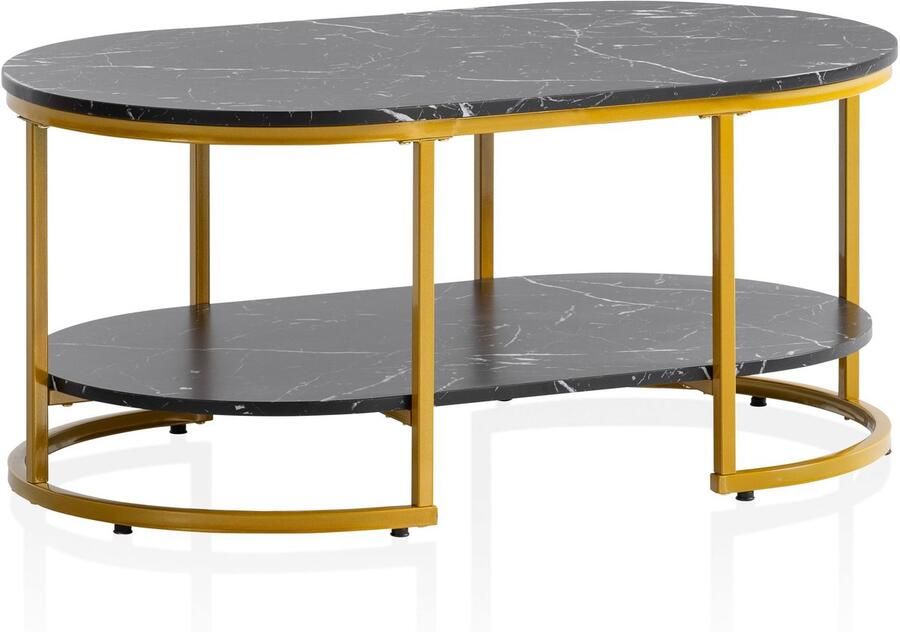 Ervesto salontafel 100x60x45 cm zwart met marmerlook design woonkamertafel rechthoekig loungebanktafel met plank moderne salontafel met gouden metalen frame
