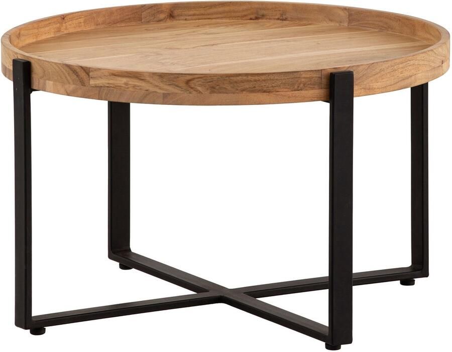Ervesto Salontafel 60x60x36 cm Acacia Massief Hout Metaal Lichtbruin Ronde Salontafel Design Woonkamertafel met Opstaande Rand Industriële Salontafel Woonkamer Modern