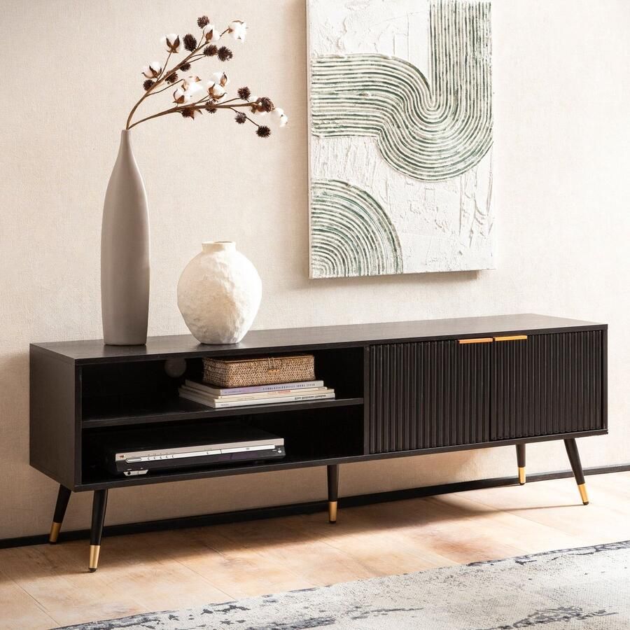 Wohnling Lowboard zwart met eiken decor 150x51x39 cm tv-kast modern design tv-kast hoog tv-tafel tv-kast met deuren en opbergvakken tv-kast woonkamer WL6.880