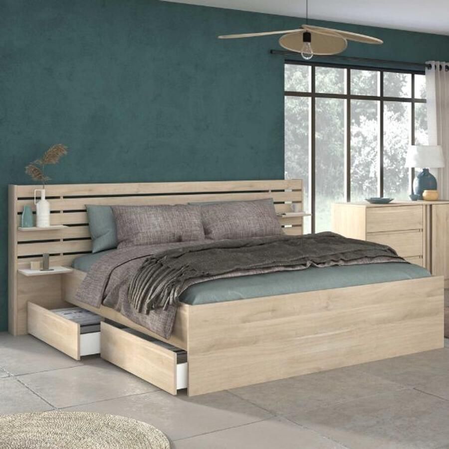 Escale volwassen bed 160x200 cm Japans eiken decor 2 laden + hoofdeinde L222.8 x H98.2 x D216 8 cm gemaakt in Frankrijk