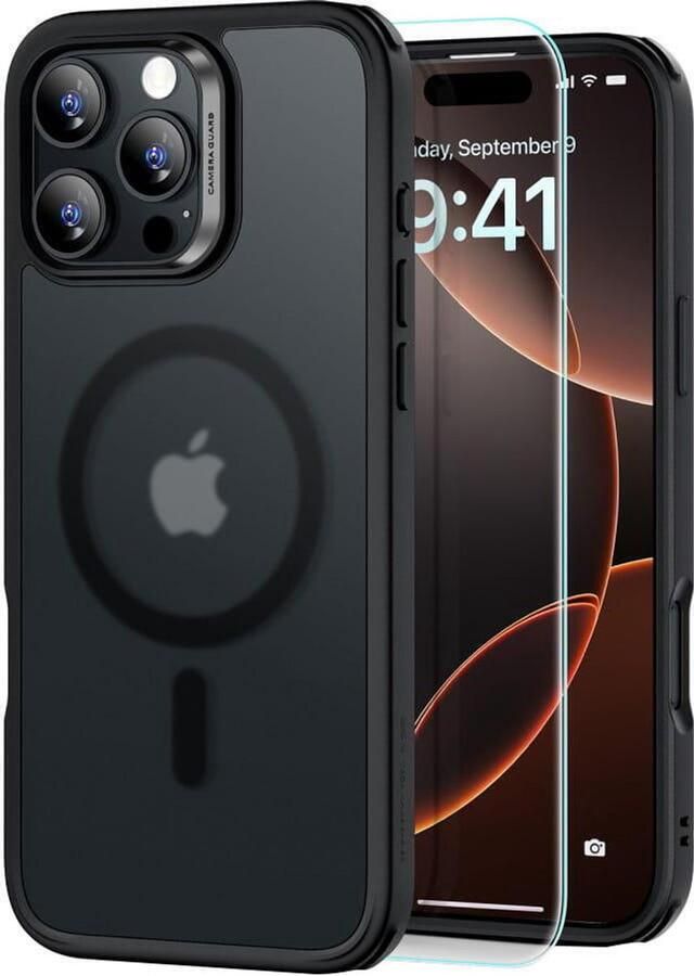 Esr Classic Hybrid HaloLock Hoesje Geschikt voor Apple iPhone 16 Pro- Met Screenprotector Compatibel met MagSafe Back Cover Gehard Glas Frosted Zwart
