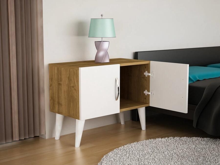 ESTE Home Nachttafel met 2 Open Vakken – Wit & Walnoot – Nachtkastje Modern Design – 70 cm Breed – Bijzettafel Slaapkamer of Woonkamer