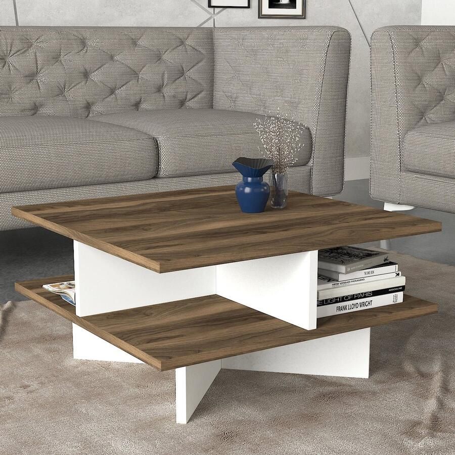 ESTE Home Salontafel Hamton – 60x60 cm – Wit & Walnoot – Modern Design – Compact en Functioneel – Vierkante Tafel met Oppervlakte van MDF