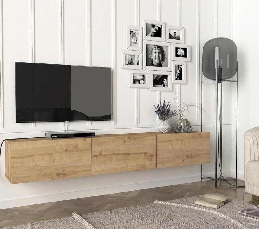 ESTE Home TV Lowboard Damla – Hangend Dressoir – Eiken Saphir – Modern Zwevend TV-Meubel – 180x29 5x29 5 cm – Met Opbergruimte & Planken