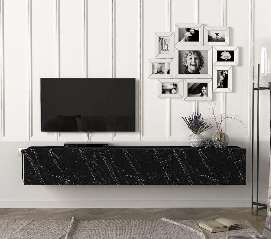 ESTE Home TV Lowboard Damla – Hangend TV-Meubel – Zwart met Marmor Optiek – Modern Zwevend Dressoir – 180x29 5x29 5 cm – Met Opbergruimte & Planken