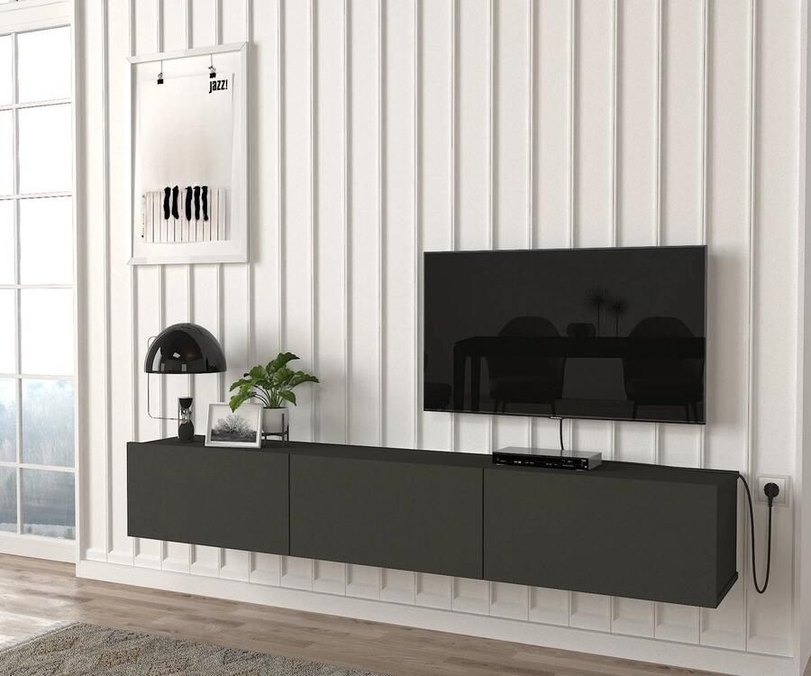 ESTE Home TV Meubel Hangend 180 cm – Antraciet met Houtlook – Modern Design – Met Opbergruimte – Zwevend Model