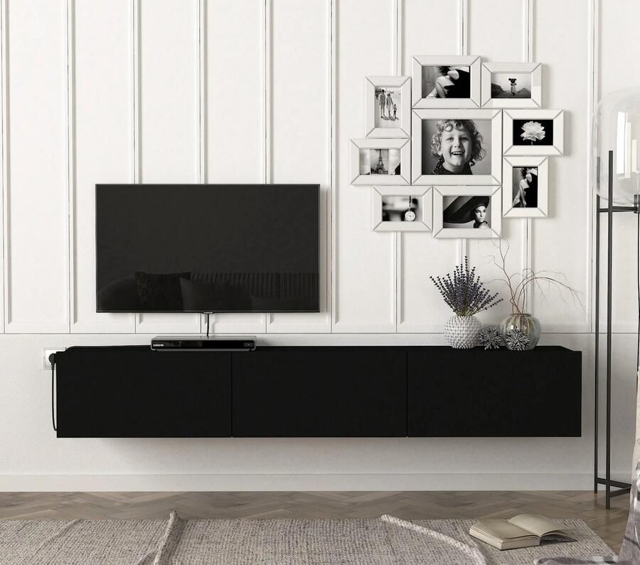 ESTE Home TV Meubel Hangend 180 cm – Zwart – Modern Design – Met Opbergruimte – Zonder Pootjes