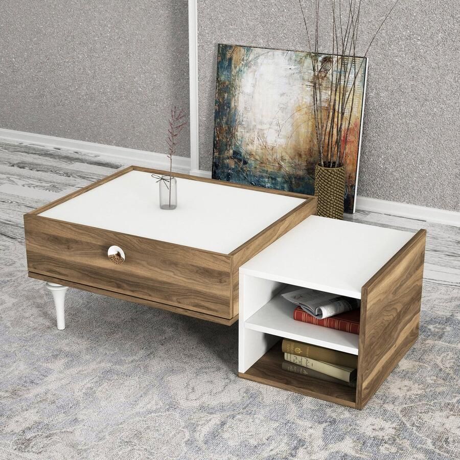 ESTE Home Witte Salontafel met Walnoot Houtlook – Rechthoekige Tafel 95x60 cm – Modern Design – Houten Tafel voor Woonkamer
