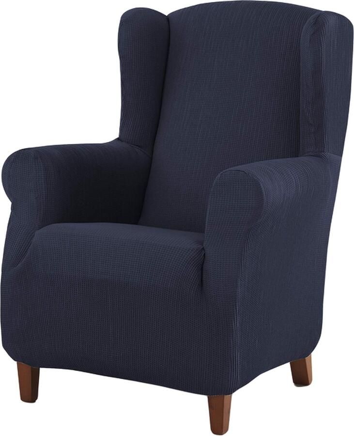 Estoralis Berta vleugelstoelhoes in modern design Elastische jacquardstof Marineblauw Voor vleugelstoelen van 70 tot 110 cm. Fauteuilbescherming Aanpasbaar aan alle soorten fauteuils