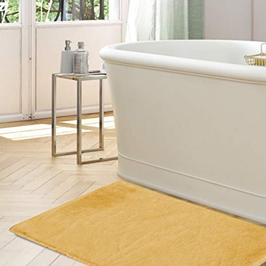 Eurofirany Decoratief vloerkleed Deurmat Tapijt Runner Badtapijt Woonkamer Slaapkamer Keuken Rechthoekig Imitatiebont Zacht Mosterdgeel 50 x 70 cm