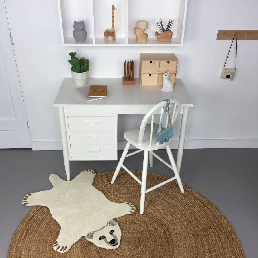 Tibetaanse Kleden Kinderkamer Vloerkleed IJsbeer Wit multi 100% Wol 90 x 150 cm