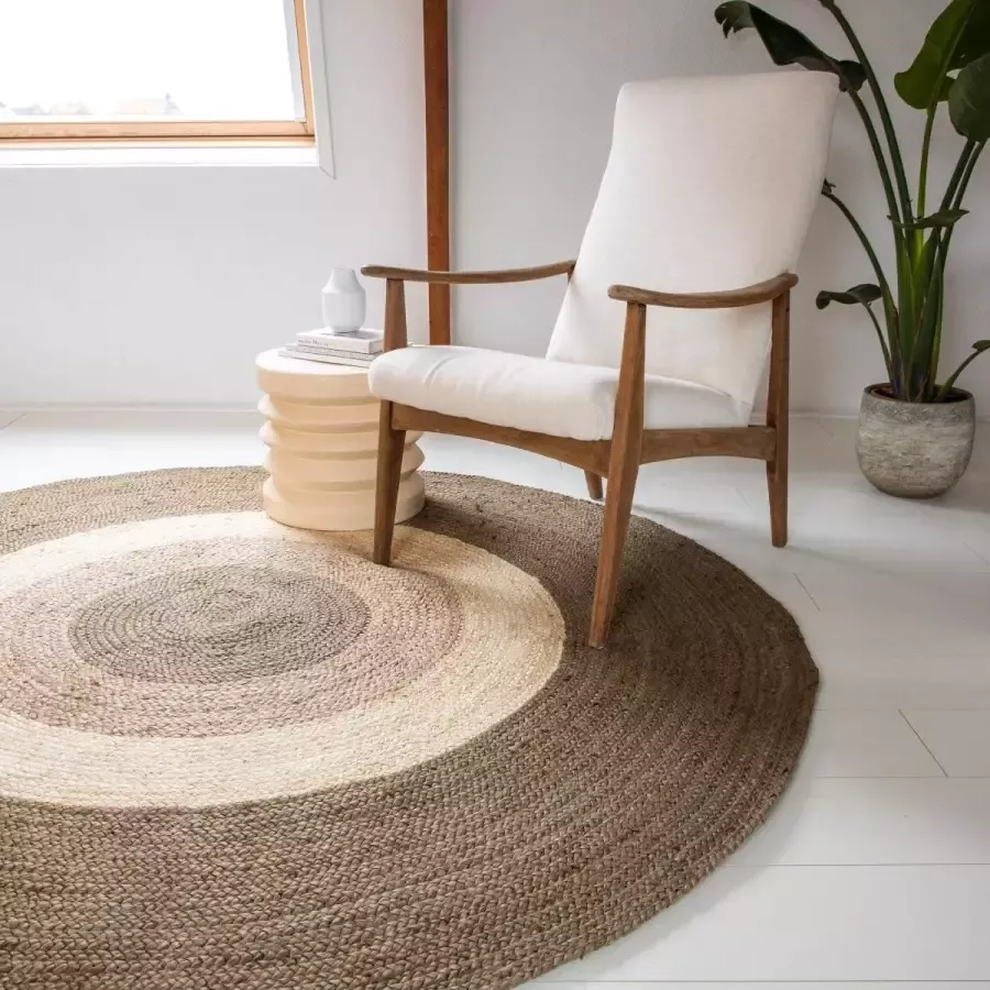 Eva Interior Rond Jute Vloerkleed Dart met Randen Groen wit naturel groen Rond 120 Ø (S)