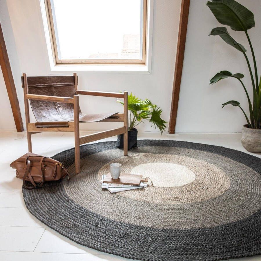 Eva Interior Rond Jute Vloerkleed Dart met Randen Zwart Grijs naturel Wit Rond 120 Ø (S)