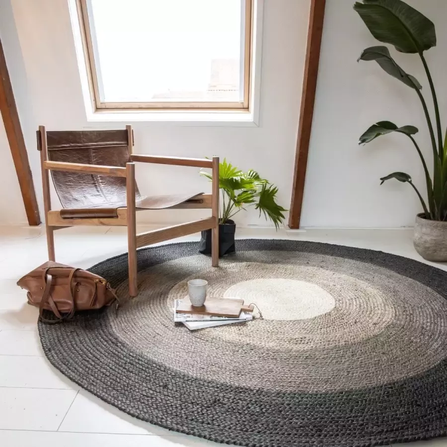 Eva Interior Rond Jute Vloerkleed Dart met Randen Zwart Grijs naturel Wit Rond 160 Ø (M)