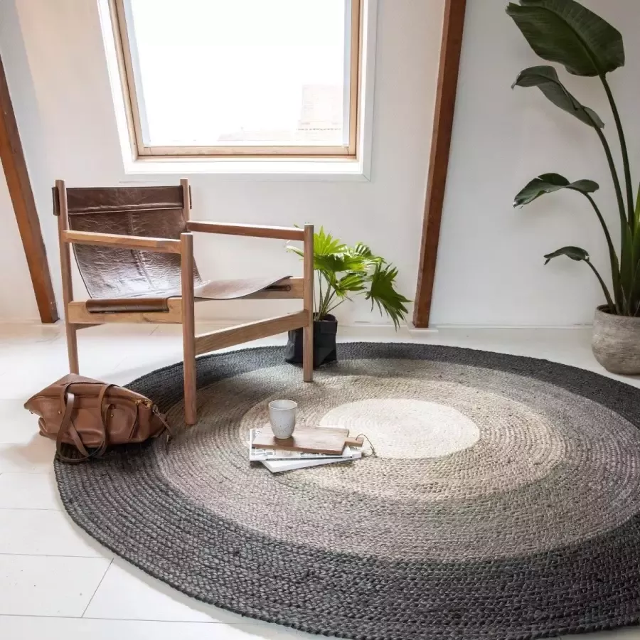 Eva Interior Rond Jute Vloerkleed Dart met Randen Zwart Grijs naturel Wit Rond 200 Ø (L)