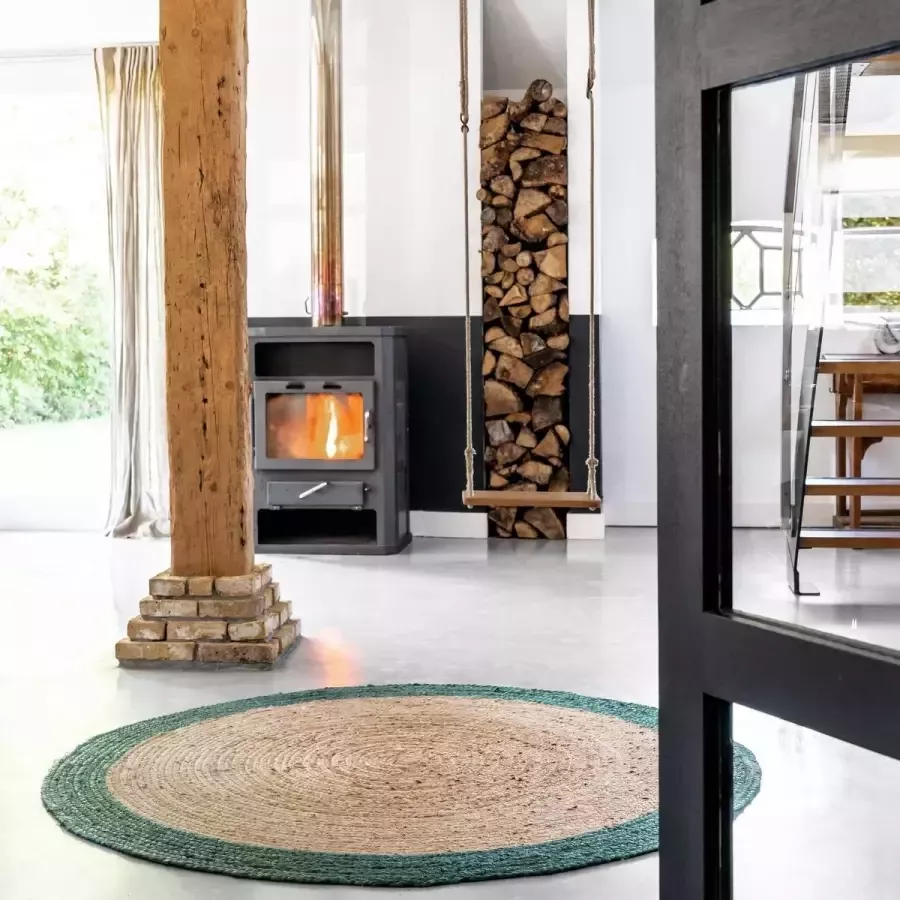 Eva Interior Rond vloerkleed Jute Naturel Donkergroen Rond 180 Ø (L)