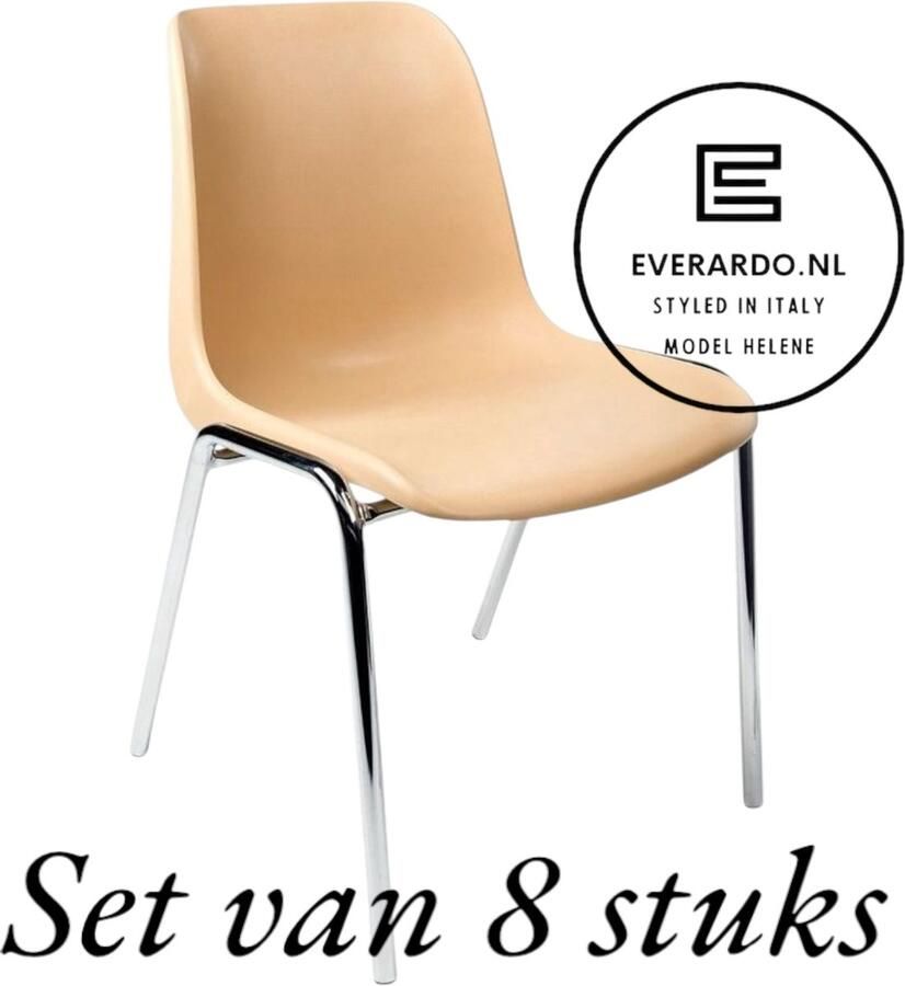 Everardo Kantinestoel Helene Beige -set van 8- verchroomd onderstel kantinestoel stapelstoel kuipstoel vergaderstoel tuinstoel kantine stoel stapel stoel tuin stoel kantinestoelen stapelstoelen kuipstoelen arenastoel schoolstoel bezoekersstoel