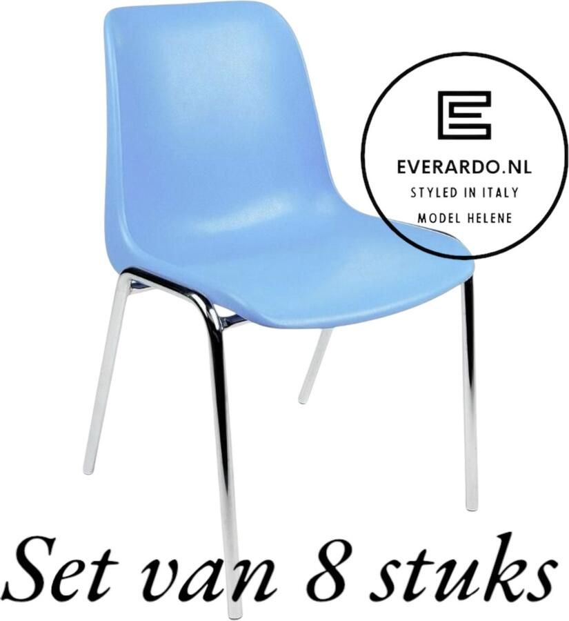 Everardo Kantinestoel Helene Lichtblauw -set van 8- verchroomd onderstel kantinestoel stapelstoel kuipstoel vergaderstoel tuinstoel kantine stoel stapel stoel tuin stoel kantinestoelen stapelstoelen kuipstoelen arenastoel schoolstoel bezoekersstoel