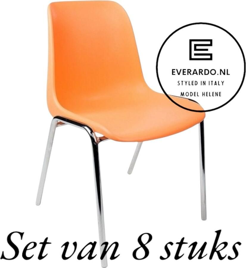 Everardo Kantinestoel Helene Oranje -set van 8- verchroomd onderstel kantinestoel stapelstoel kuipstoel vergaderstoel tuinstoel kantine stoel stapel stoel tuin stoel kantinestoelen stapelstoelen kuipstoelen arenastoel schoolstoel bezoekersstoel