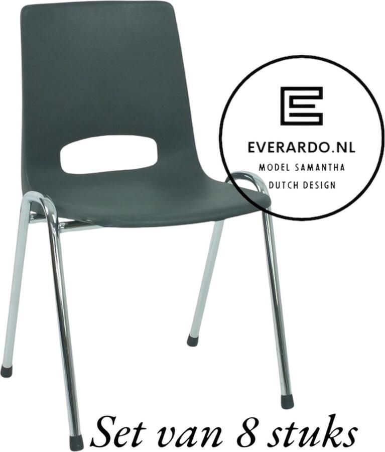 Everardo Kantinestoel Samantha Antraciet -set van 8- verchroomd onderstel kantinestoel stapelstoel kuipstoel vergaderstoel tuinstoel kantine stoel stapel stoel tuin stoel kantinestoelen stapelstoelen kuipstoelen arenastoel schoolstoel bezoekersstoel
