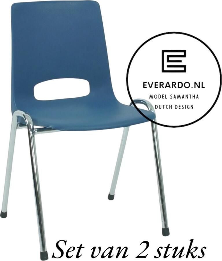 Everardo Kantinestoel Samantha Blauw -set van 2- verchroomd onderstel kantinestoel stapelstoel kuipstoel vergaderstoel tuinstoel kantine stoel stapel stoel tuin stoel kantinestoelen stapelstoelen kuipstoelen arenastoel schoolstoel bezoekersstoel