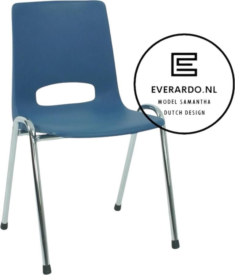 Everardo model Samantha blauw verchroomd onderstel kantinestoel stapelstoel kuipstoel vergaderstoel tuinstoel kantine stoel stapel stoel tuin stoel kantinestoelen stapelstoelen kuipstoelen arenastoel kerkstoel schoolstoel bezoekersstoel