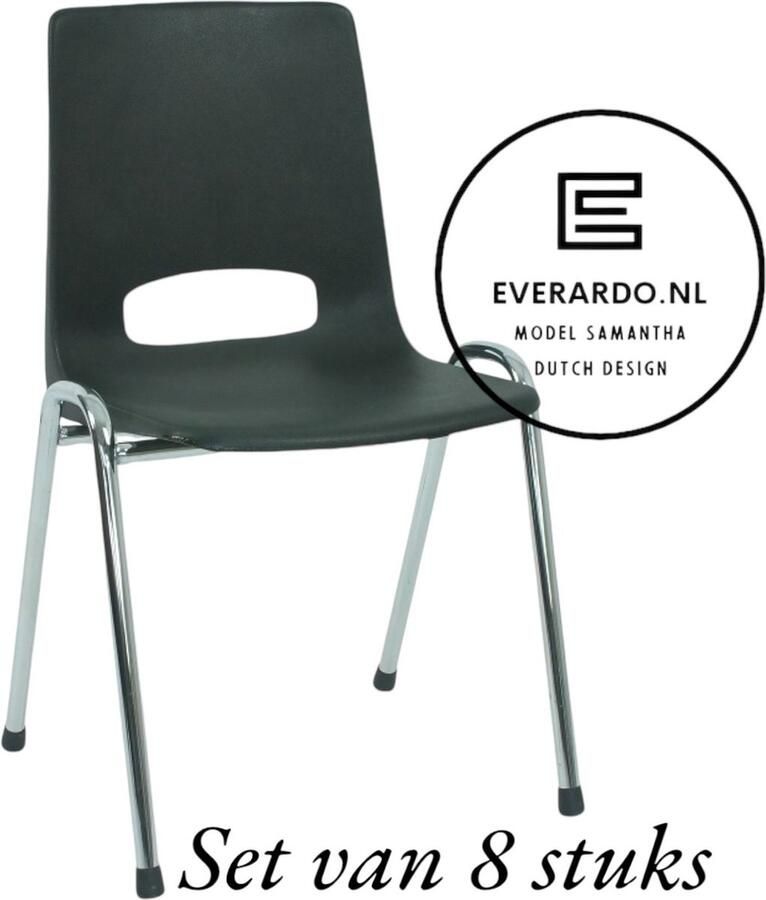 Everardo Kantinestoel Samantha Zwart -set van 8- verchroomd onderstel kantinestoel stapelstoel kuipstoel vergaderstoel tuinstoel kantine stoel stapel stoel tuin stoel kantinestoelen stapelstoelen kuipstoelen arenastoel schoolstoel bezoekersstoel
