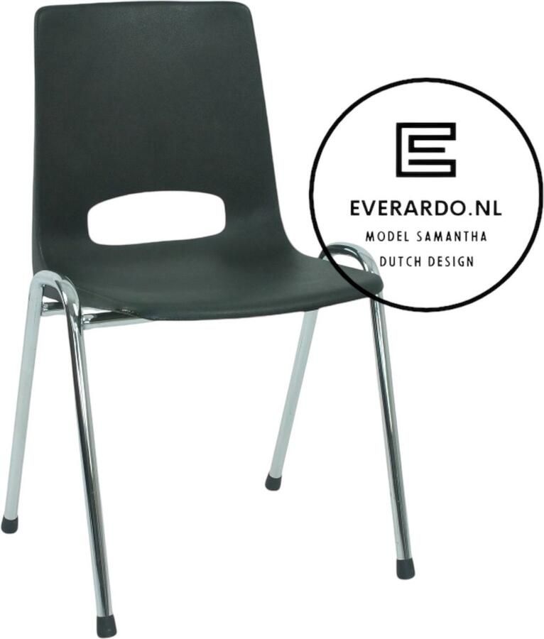 Everardo model Samantha Zwart verchroomd onderstel kantinestoel stapelstoel kuipstoel vergaderstoel tuinstoel kantine stoel stapel stoel tuin stoel kantinestoelen stapelstoelen kuipstoelen arenastoel kerkstoel schoolstoel bezoekersstoel