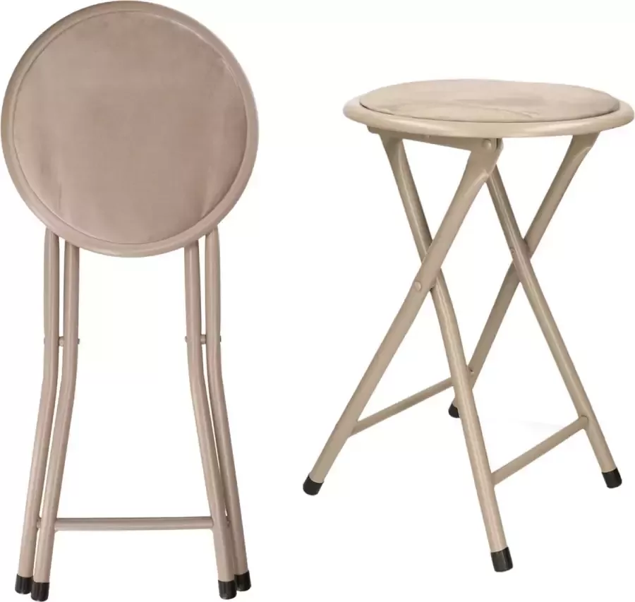 Excellent Houseware Set van 2x bijzet krukje stoel Opvouwbaar beige D30 x H45 cm Krukjes - Foto 2
