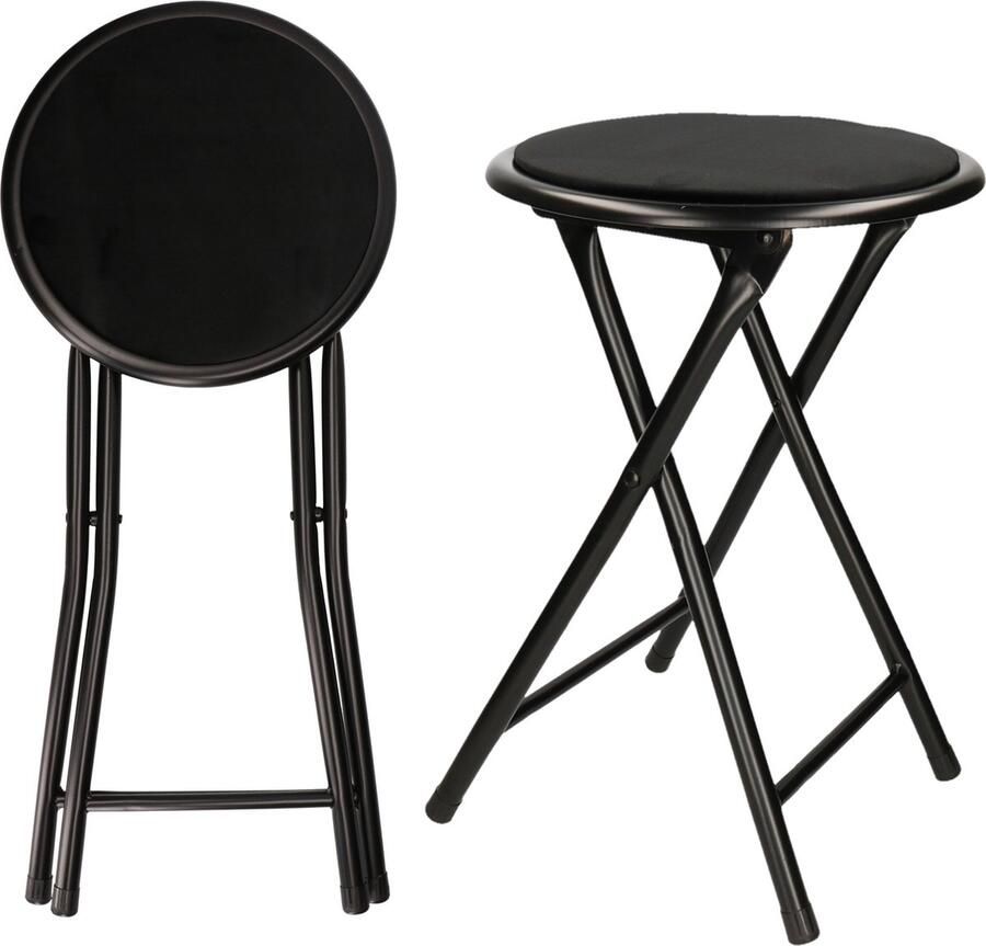 Excellent Houseware Set van 2x bijzet krukje stoel Opvouwbaar zwart D30 x H45 cm Krukjes - Foto 2
