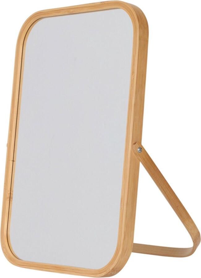 Excellent Houseware Make-up spiegel met standaard 26 x 38 cm bamboe hout badkamer kaptafel spiegels