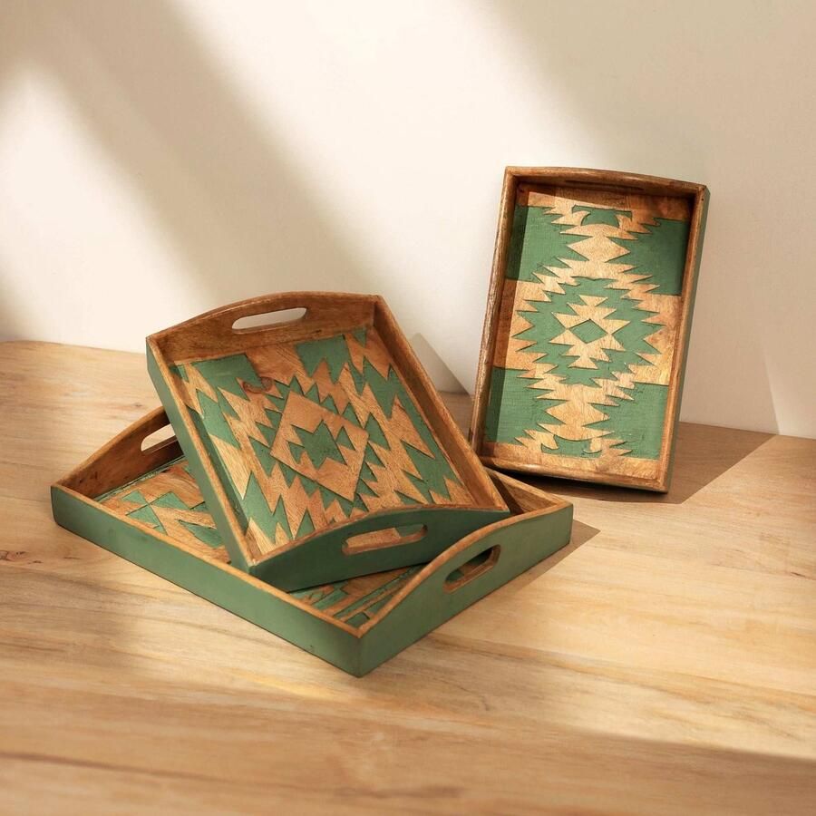 ExpoBazaar Groene Gekerfde Houten Dienbladenset 3-delig Nestelbare Decoratieve Serveerbladen voor Salontafel & Poef Handgemaakt