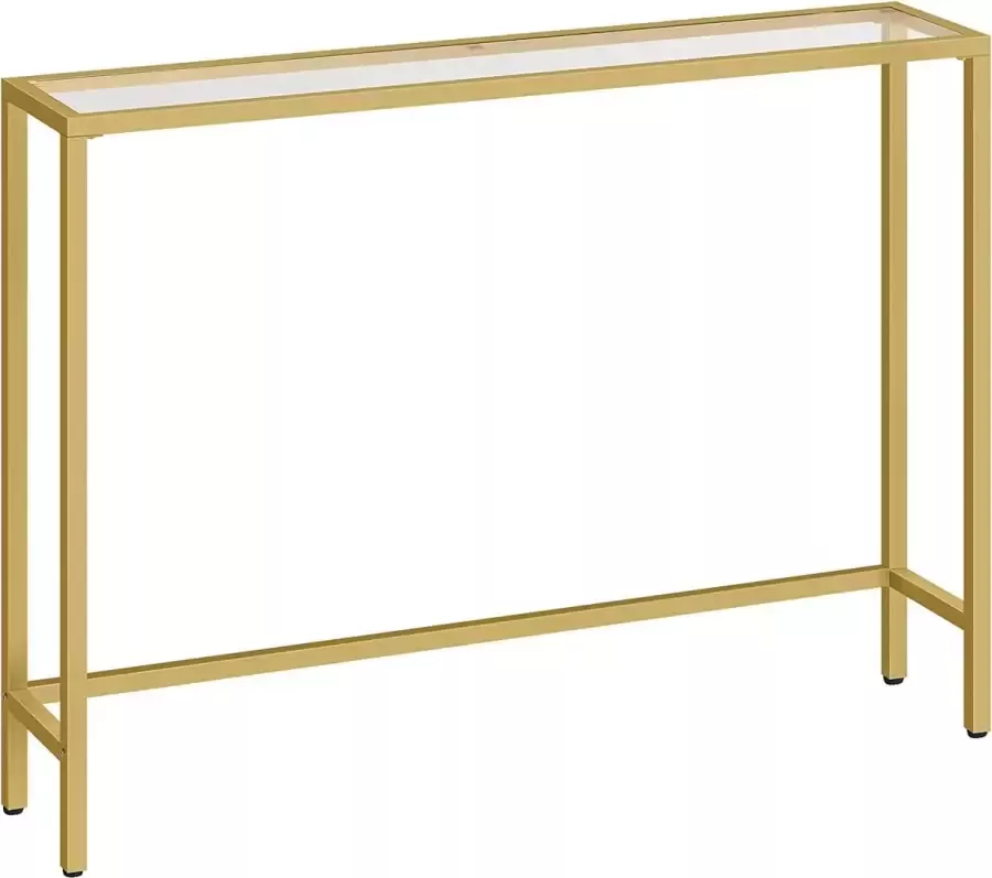 Exxen Consoletafel goudkleurige haltafel gehard glazen banktafel slanke entreetafel moderne consolebanktafel metalen frame 100 x 22 x 80 cm bijzettafel voor woonkamer goud