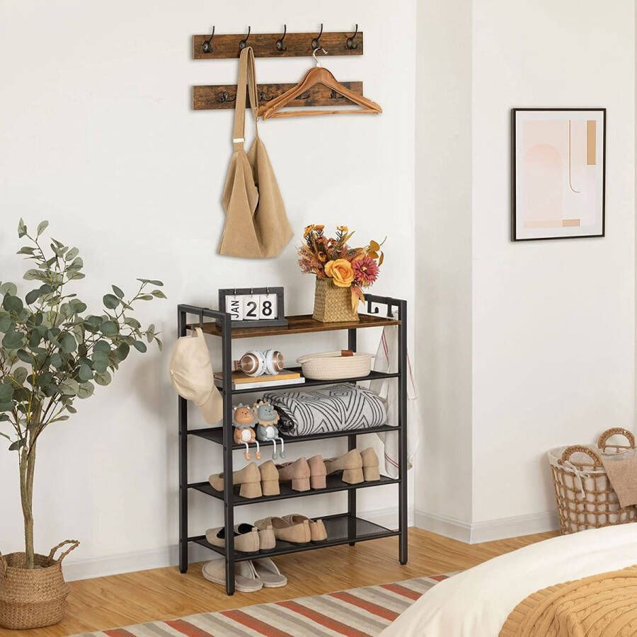 Exxen Schoenenrek 5 lagen schoenenkast Slanke schoenenrek kapstok met 9 haken industriële stijl metalen frame voor hal woonkamer donkerbruin-zwart - Foto 2
