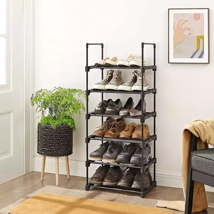 Exxen Schoenenrek met 6 rekken metalen schoenenrek ruimtebesparende staande plank multifunctioneel gang woonkamer slaapkamer of keuken 45 x 30 x 106 cm zwart