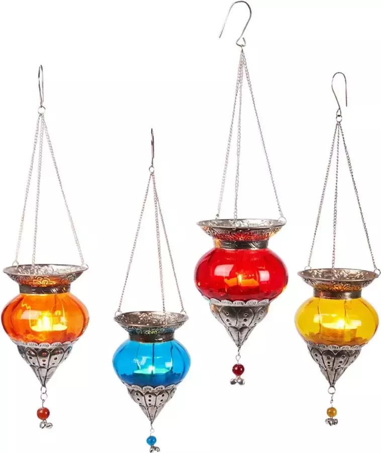Exxen Set van 4 Oosterse windlichten hangwindlicht glas Bara gekleurd 15 cm groot Oosterse glazen theelichthouder met oor oosters Marokkaanse windlichten hangend als hanglamp