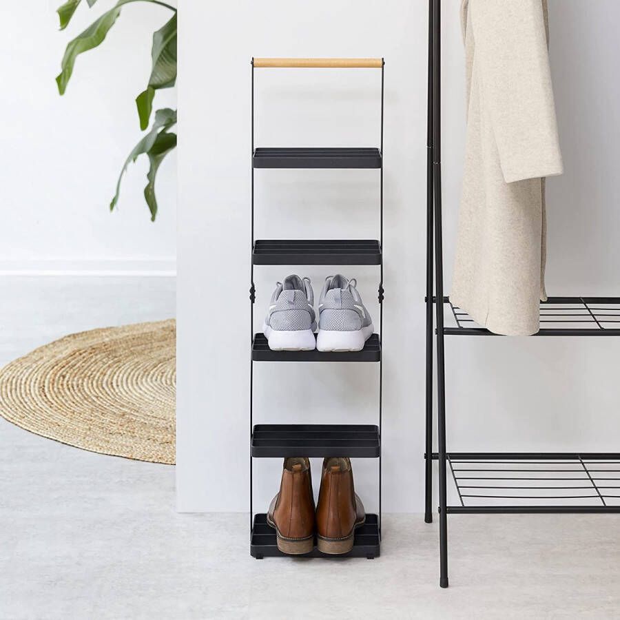 Exxen Verticaal Zwart Ophangbaar Schoenenrek Smalle Organiser voor 5 Paar Schoenen Metaal en Houten Hangkast 24 x 14 5 x 90 1 cm