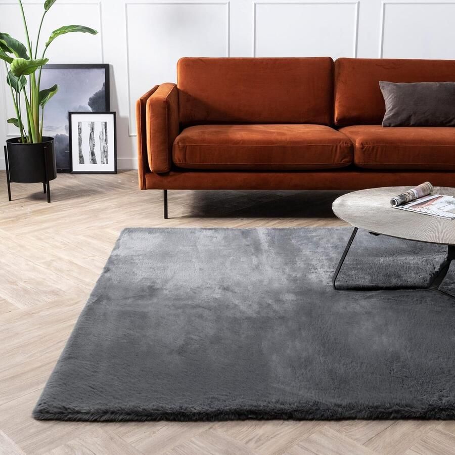 FABRIQ Imitiatiebont Rond Vloerkleed Ø100 cm Hoogpolig Tapijt Woonkamer Tapijt Slaapkamer Kleed Antraciet